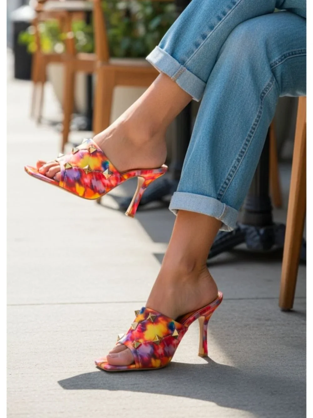 Colorful Tie-Dye Studded High Heel Mules With Quilted Detail & Open Toe Design F